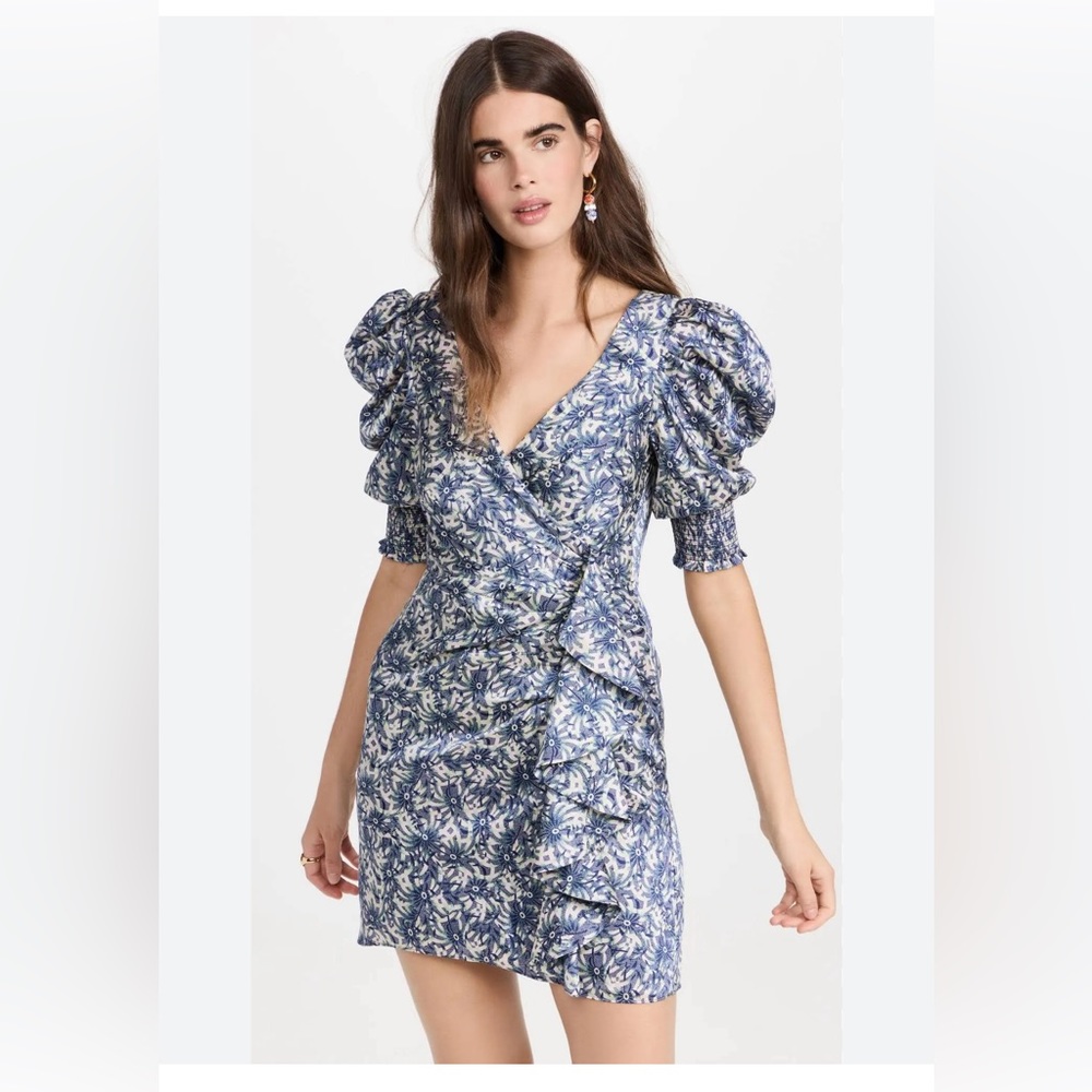 cinq a sept Blue Floral Puff-Sleeve Midi Dress